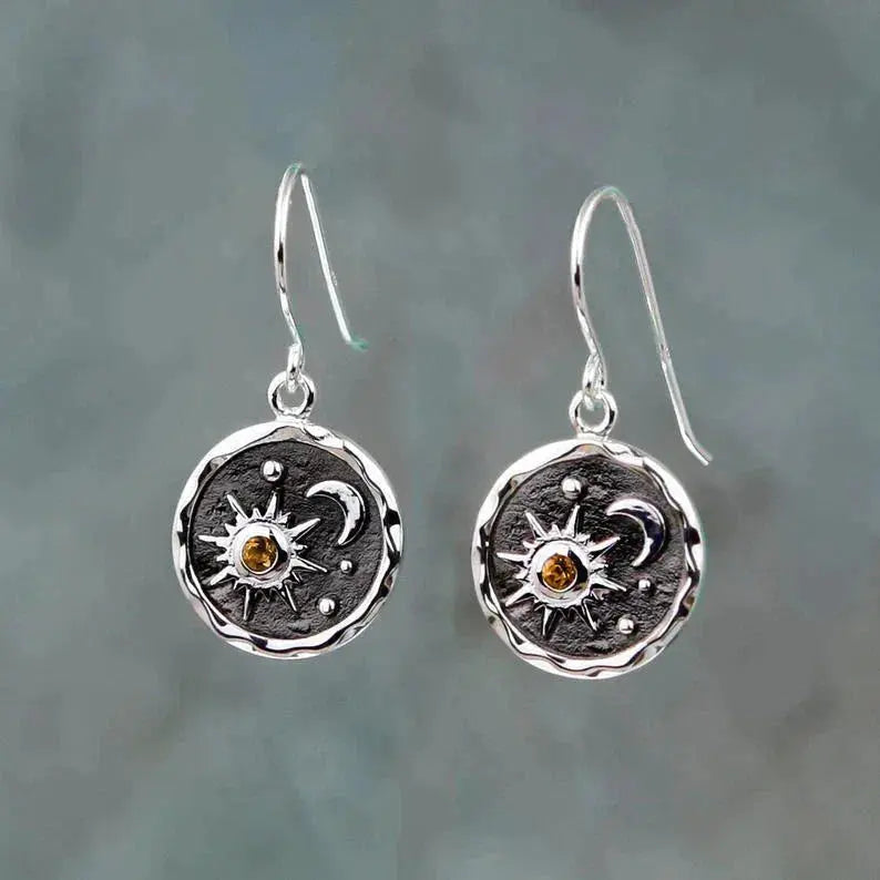 Himmlische Sonne und Mond Ohrhänger mit Citrin Stein