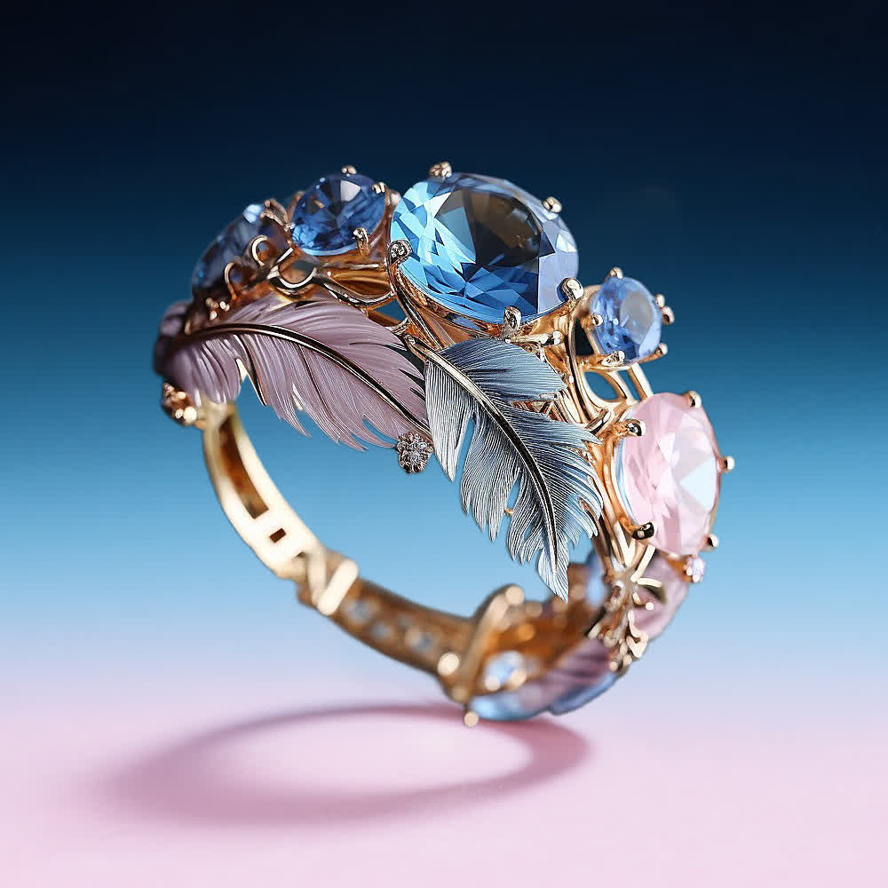 Vintage-Ring mit Kristallen und exotischen Federn