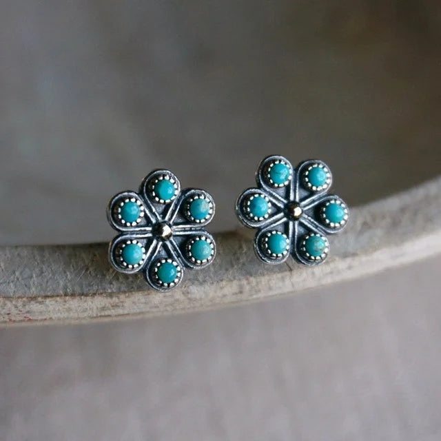 Vintage Türkis Blumen Ohrringe mit Cabochons in Blütenform