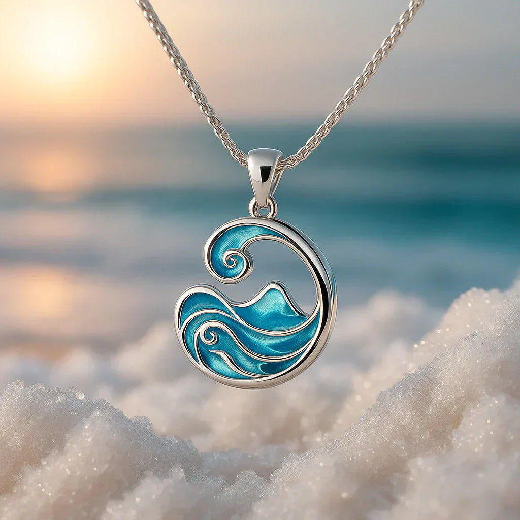 Mirela Wellen Anhänger Kette – Aquamarin Emaille Design