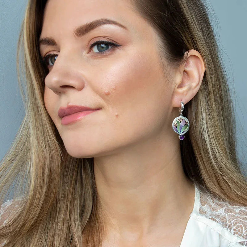 Boho Kristall Lila Emaille Ohrringe mit Amethyst Edelsteinen