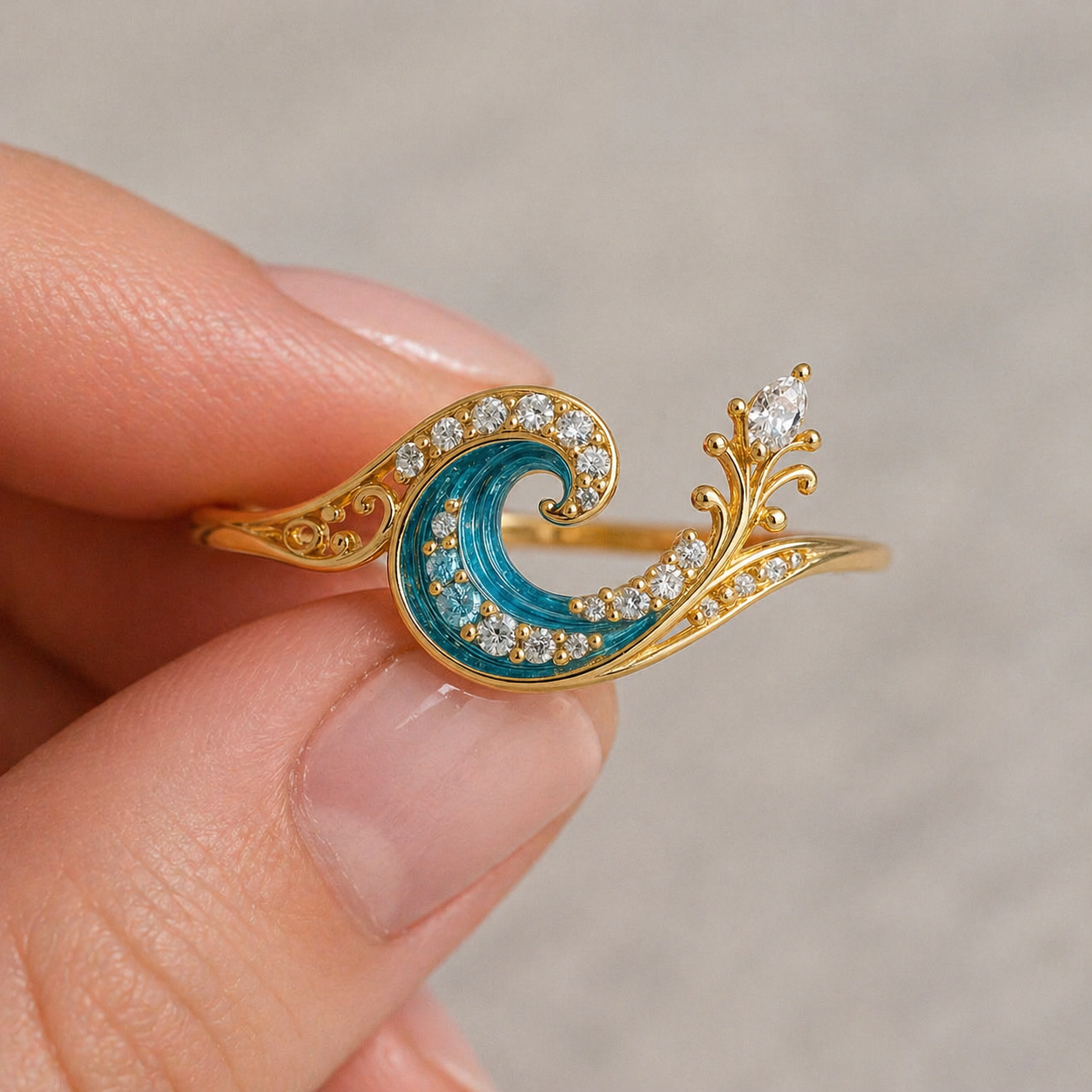Meereswellenring mit blauer Emaille und Kristallen