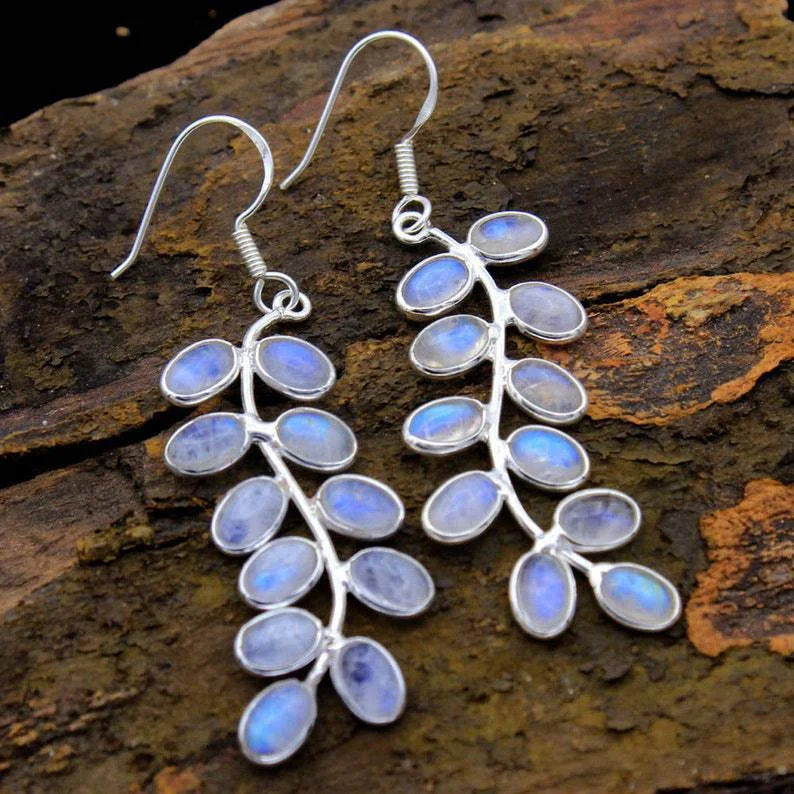 Blaue Mondstein Blätter Hängeohrringe im Vintage-Stil