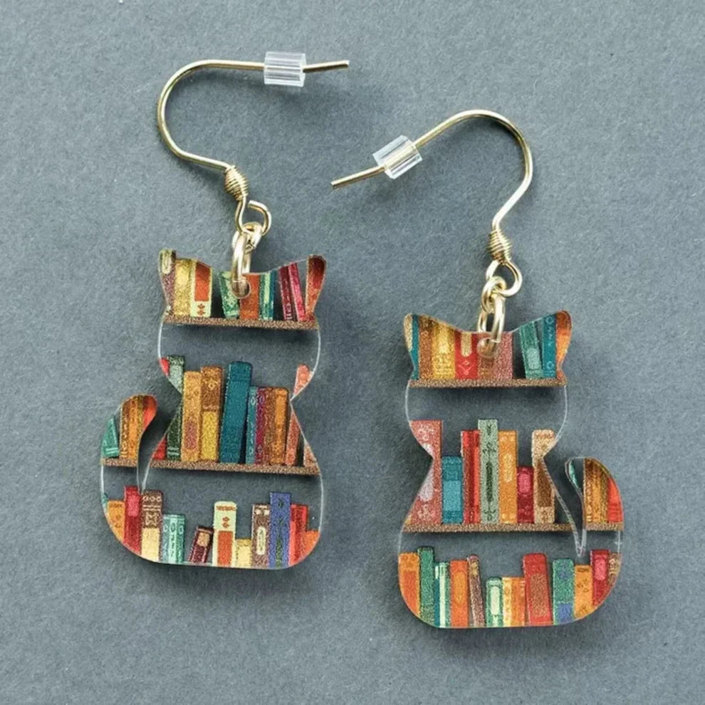 Niedliche Katzen-Ohrringe mit Bücherregal-Design aus Acryl