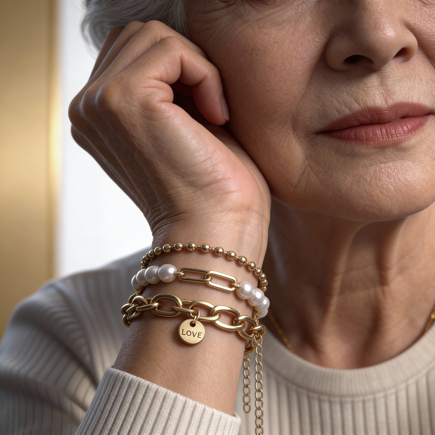 Elegante Armbänder mit Perlen, Ketten und Love-Anhänger Set