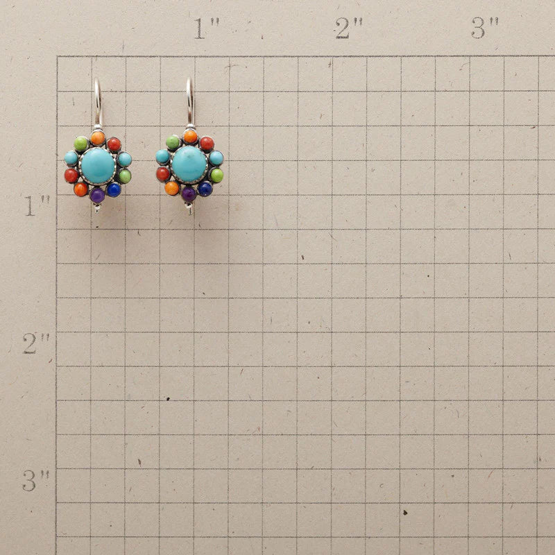 Runde Türkis-Ohrringe mit bunten Edelsteinen im Blumen-Design