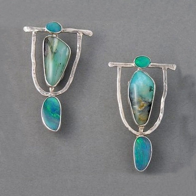 Vintage Türkis-Opal-Ohrringe im kunstvollen Sterlingsilber-Design