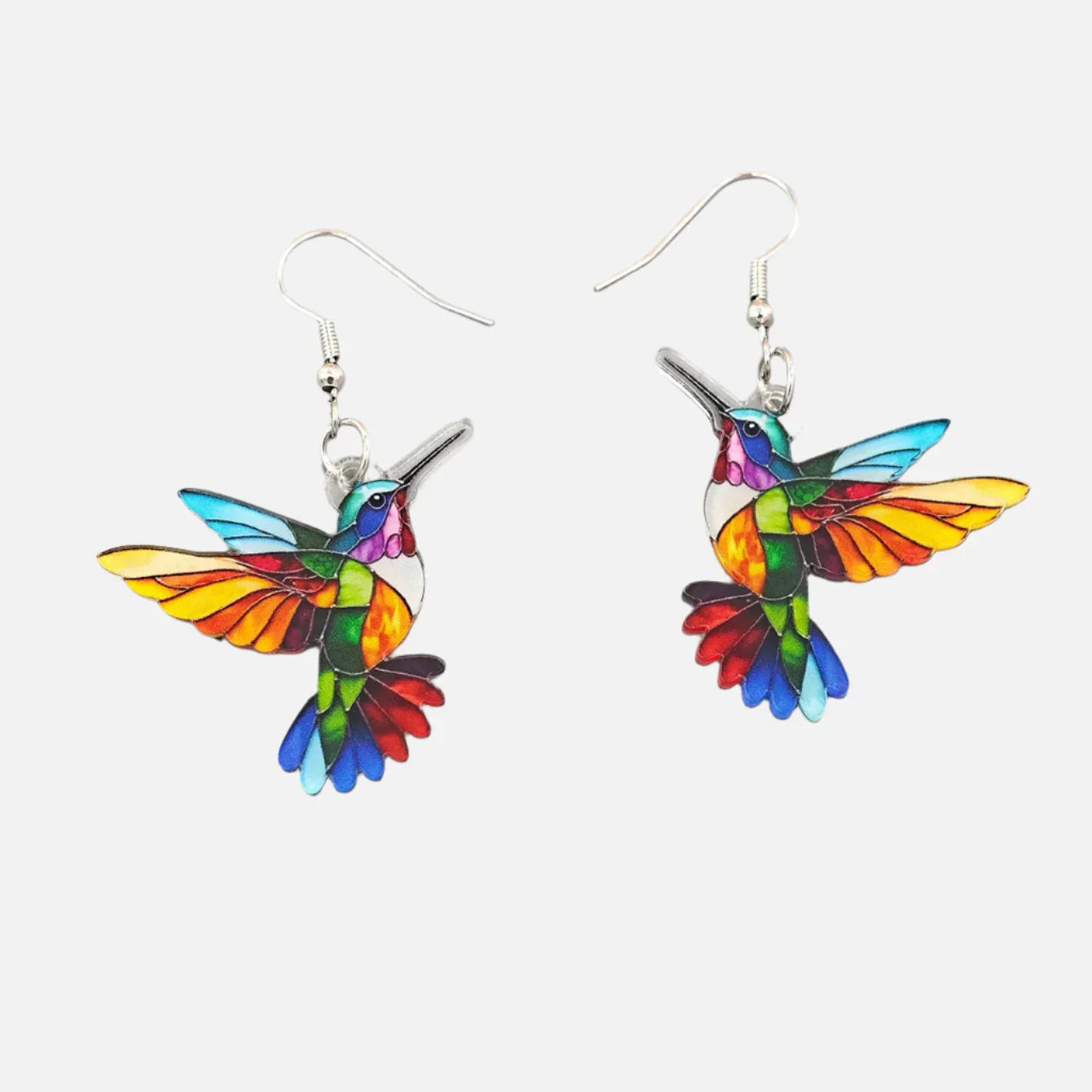 Bunte Kolibri-Ohrringe aus Acryl im Kirchenfenster-Stil
