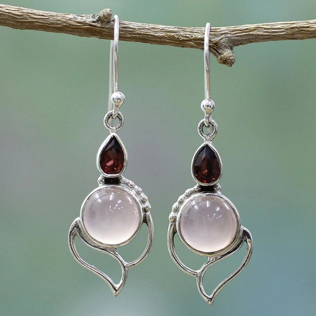 Silberne Vintage-Ohrringe mit Rosenquarz und Granat Edelsteinen