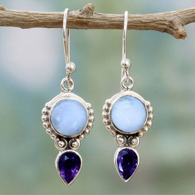 Mondstein Ohrringe mit Amethyst Tropfen und Edelsteinbesatz