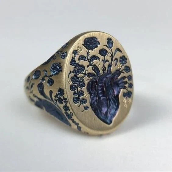 Vintage Siegelring mit gravierten Herz- und Blumenmotiven