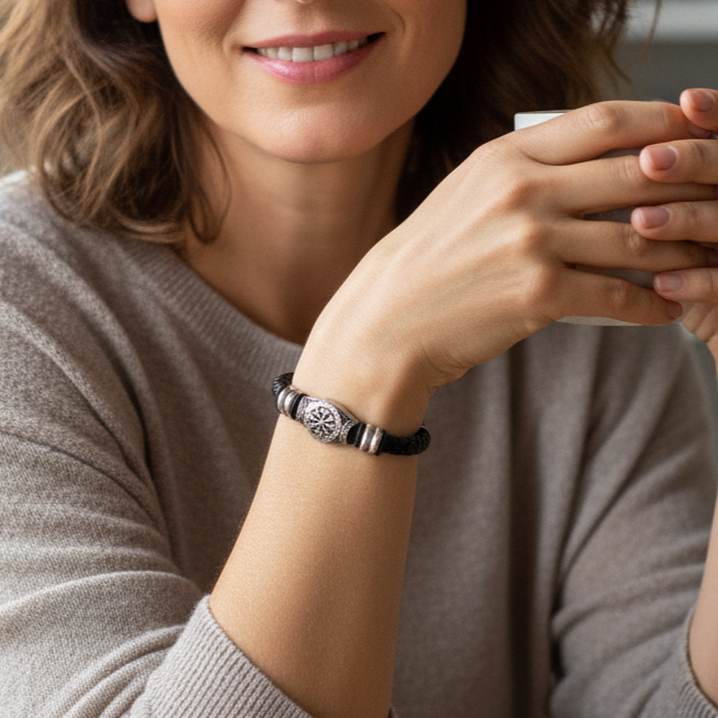 Geflochtenes Lederarmband mit Wikinger-Kompass und mattem Edelstahl