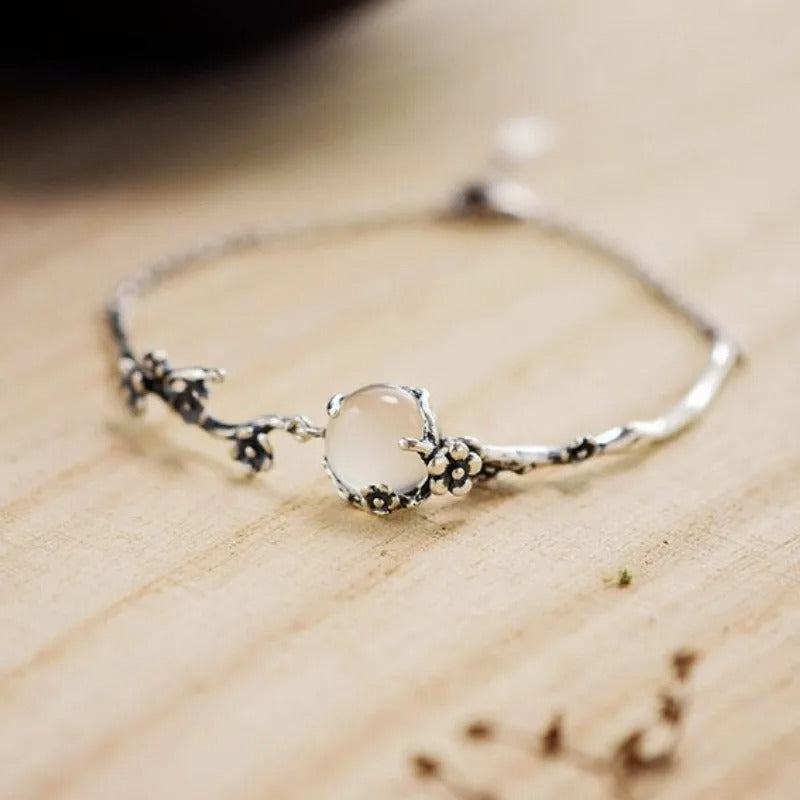 Vintage Armband mit Rosenquarz und zarten Blumenranken