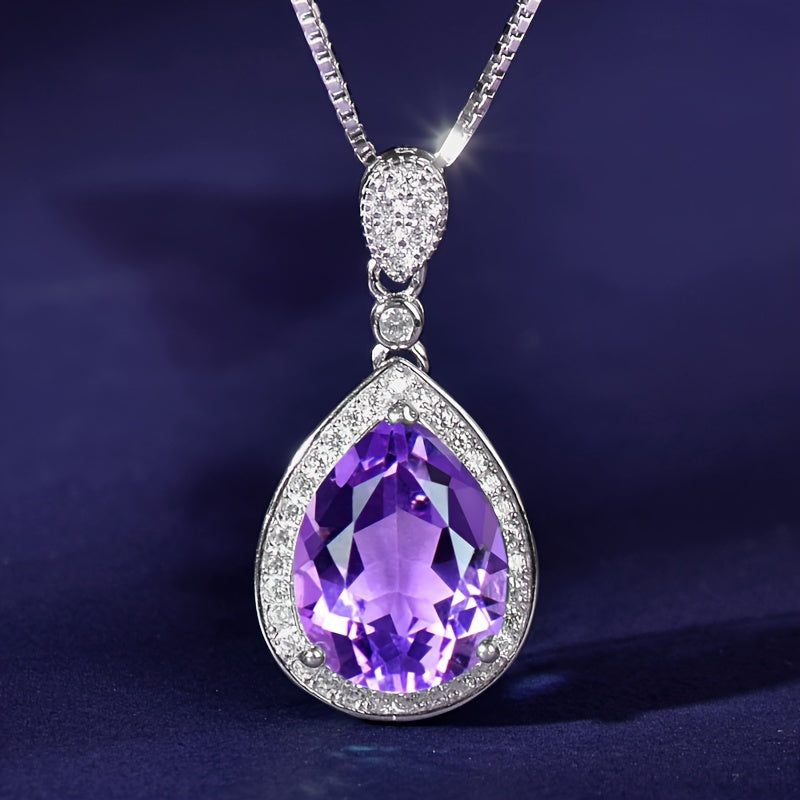 Lila Amethyst Tropfen Anhänger Halskette mit Zirkonia