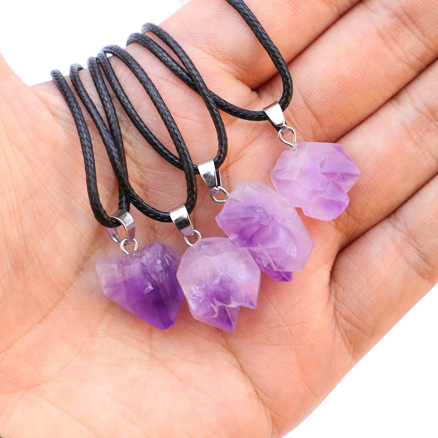 Natürlicher Amethyst Kristall Anhänger Halskette mit verstellbarem Lederband