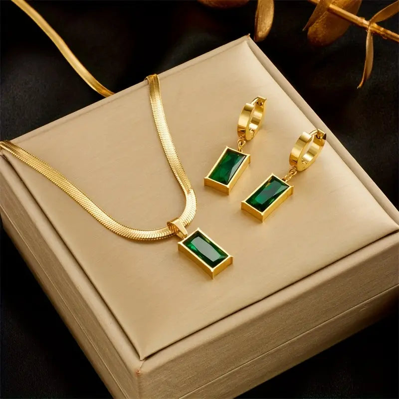 Elegantes Smaragdgrün-Schmuckset: Rechteckiger Anhänger und passende Ohrringe