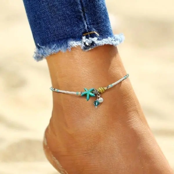 Boho Türkiser Seestern Fußkette mit Muscheln und Perlen