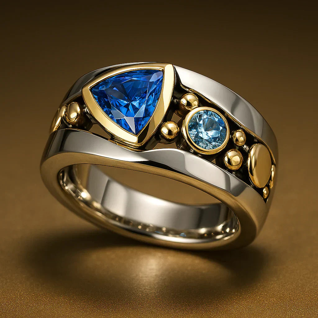 Zeitloser Ring aus Bicolor-Metall mit blauem Edelstein und Goldakzenten