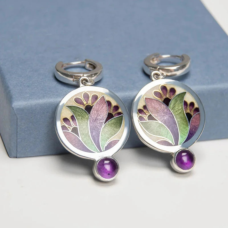 Boho Kristall Lila Emaille Ohrringe mit Amethyst Edelsteinen