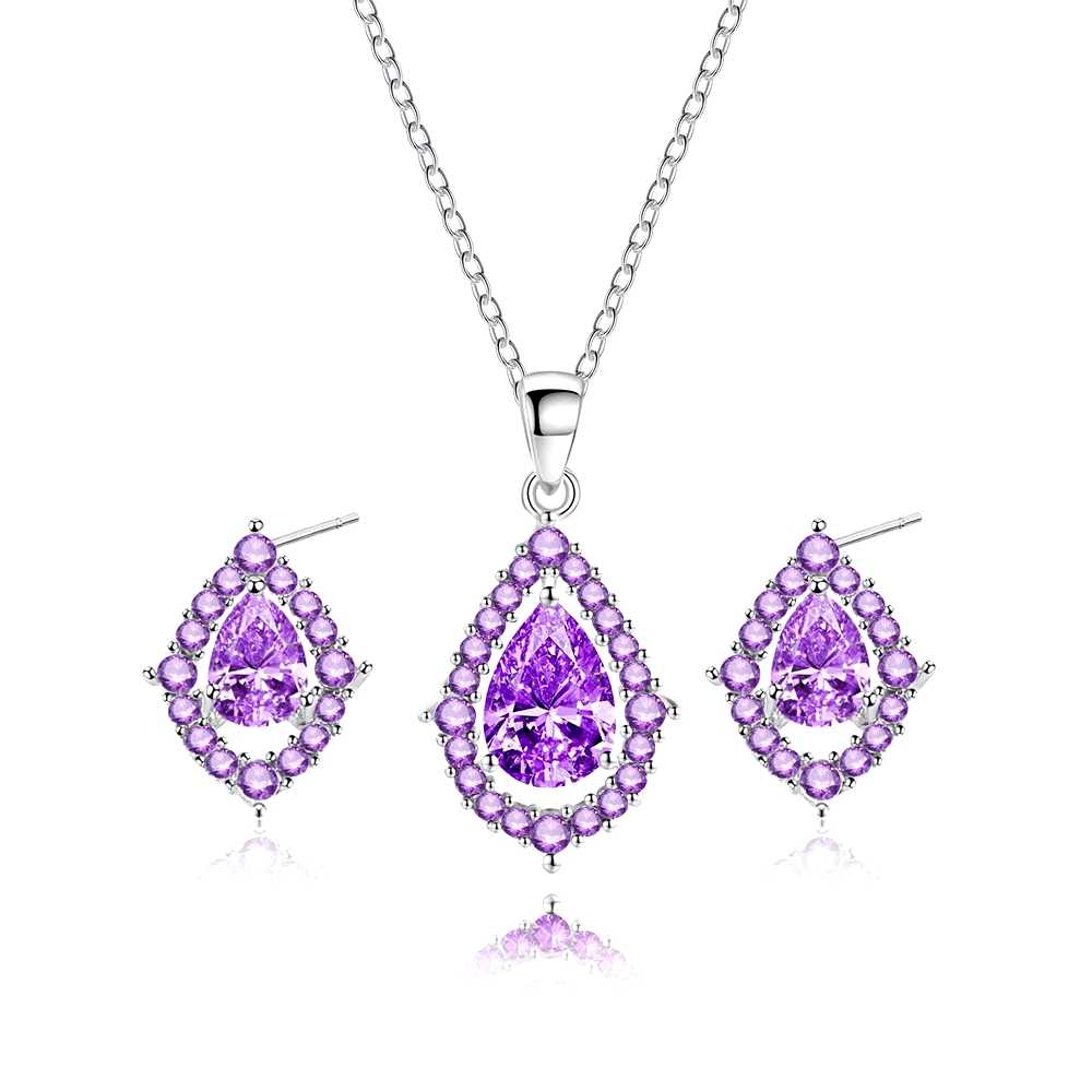 Edles Lila Amethyst Tropfen Schmuckset mit Kette und Ohrringen