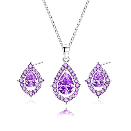 Edles Lila Amethyst Tropfen Schmuckset mit Kette und Ohrringen