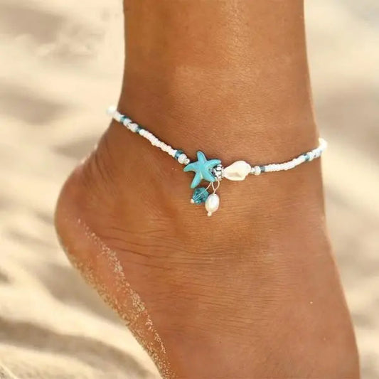 Boho Türkiser Seestern Fußkette mit Muscheln und Perlen