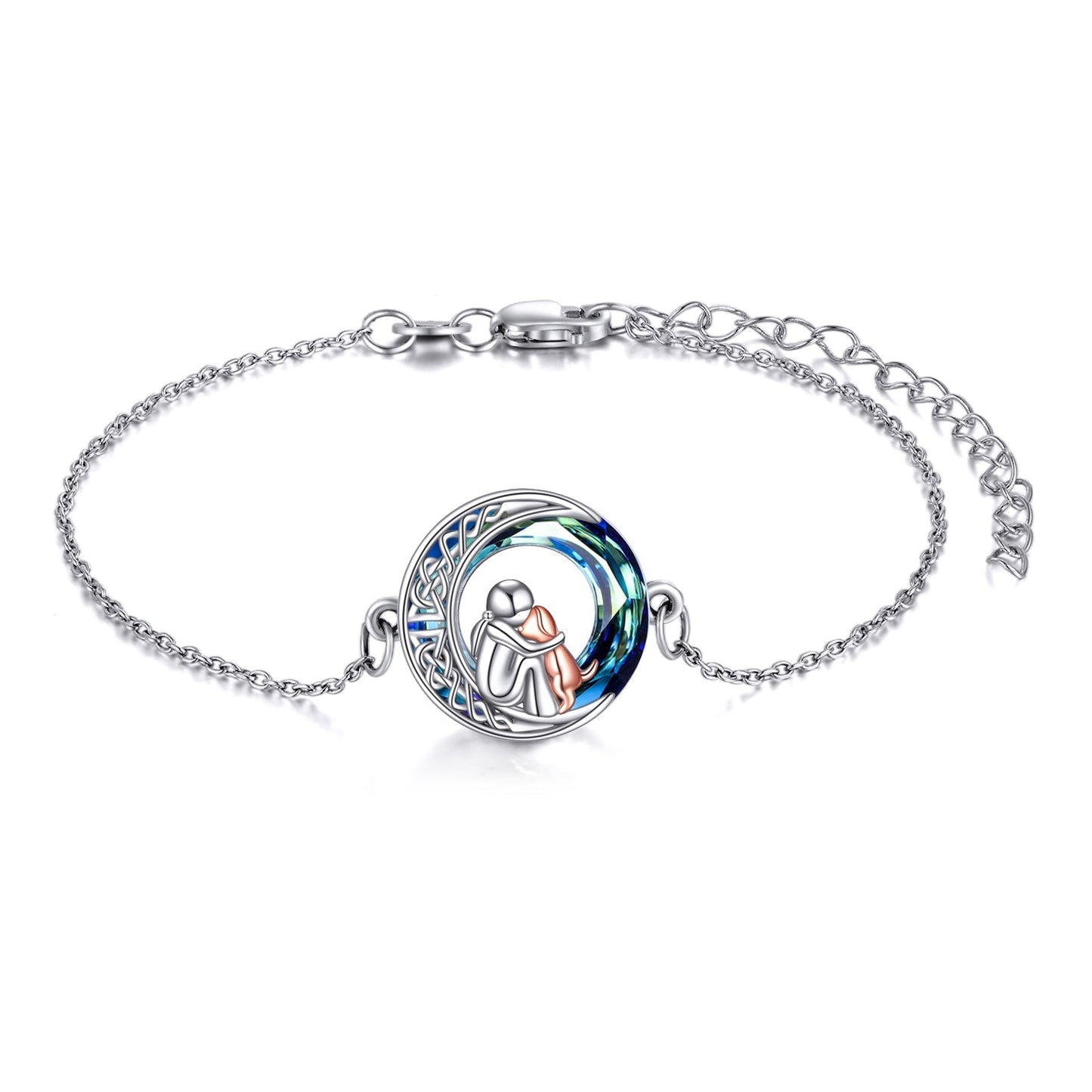 Umarmendes Mensch-Hund-Armband mit funkelndem Mondstein und Keltischem Knoten