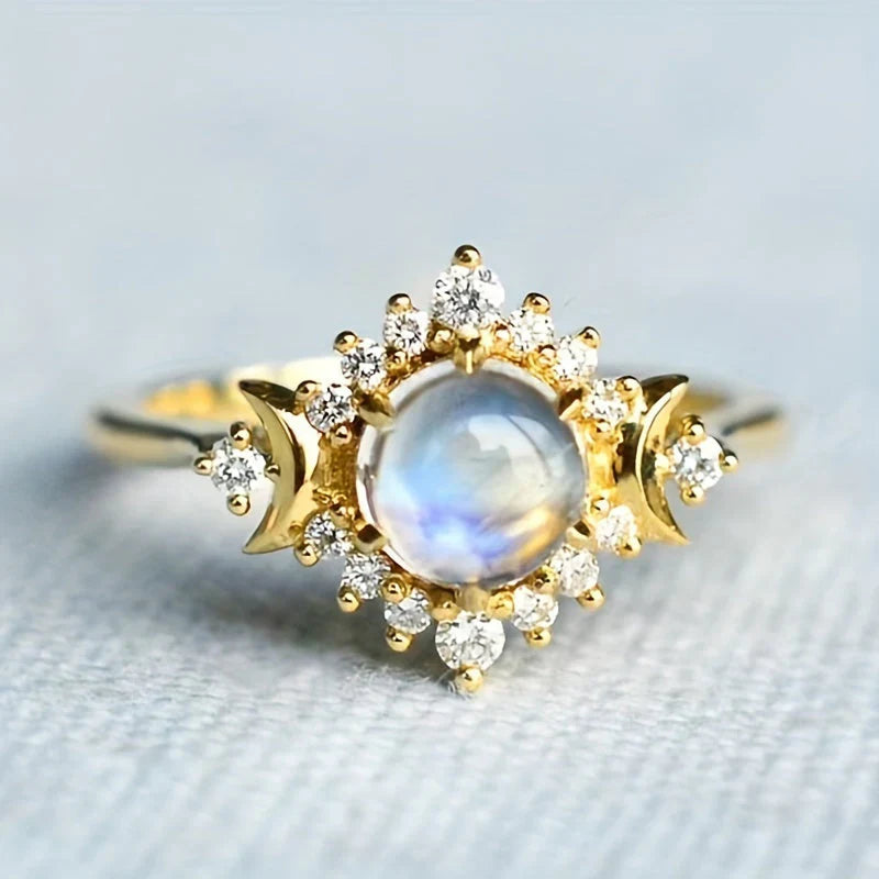 Mondring aus Edelstahl mit Mondstein und Kristallen