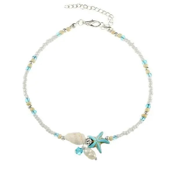 Boho Türkiser Seestern Fußkette mit Muscheln und Perlen