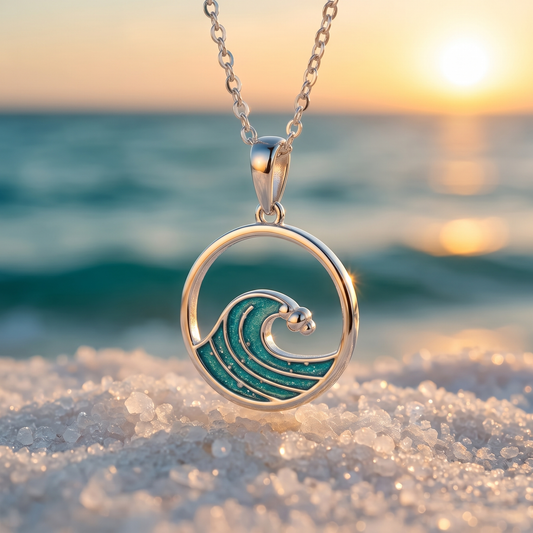 Mirela Wellen Anhänger Kette – Aquamarin Emaille Design