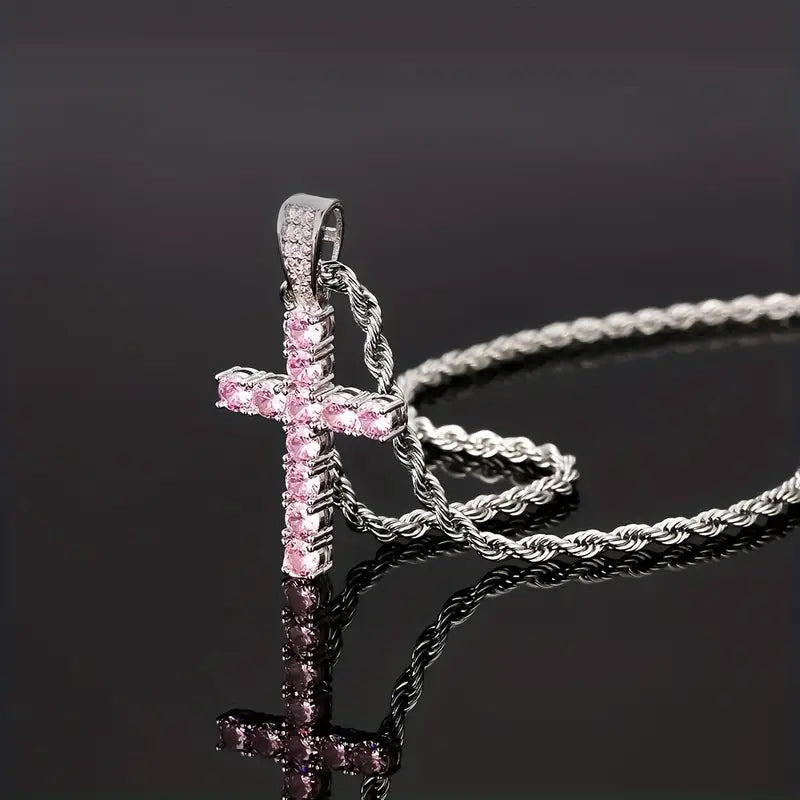 Funkelnde Kreuz-Anhänger Halskette mit Zirkonia und Kordelkette