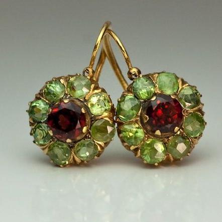 Vintage runde Peridot Granat Cluster Hängeohrringe