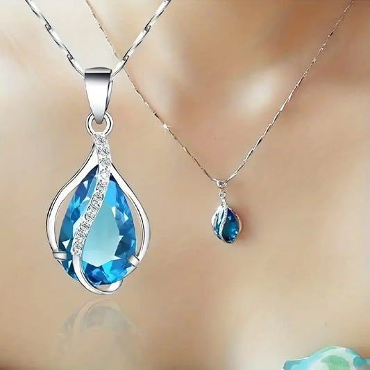 Edle Halskette mit blauem Aquamarin-Tropfen und Zirkonia-Akzenten