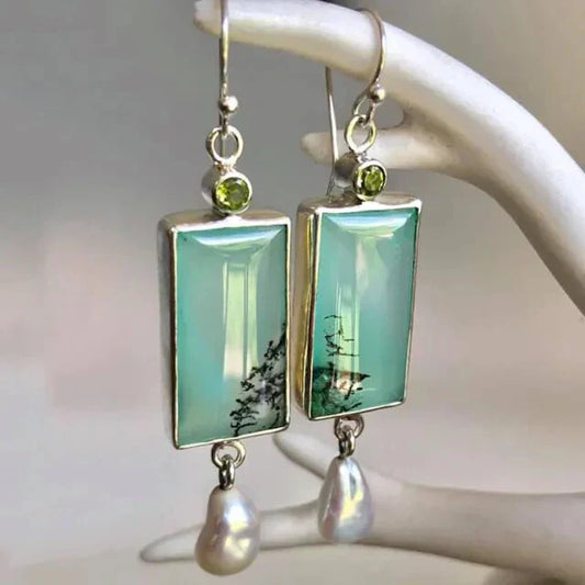 Rechteckige Türkis-Dangle-Ohrringe mit Peridot und Süßwasserperlen
