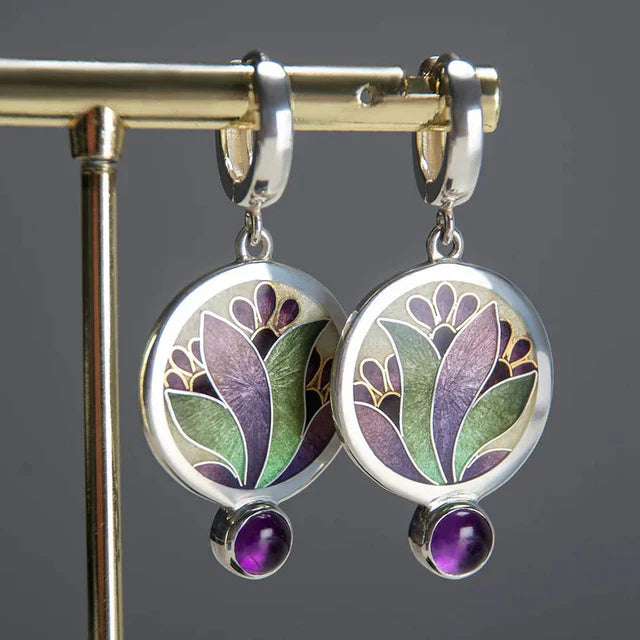 Boho Kristall Lila Emaille Ohrringe mit Amethyst Edelsteinen