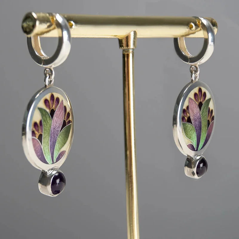 Boho Kristall Lila Emaille Ohrringe mit Amethyst Edelsteinen