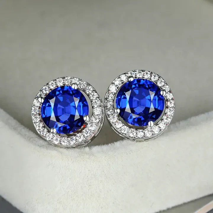 Funkelnde Saphirblaue Zirkonia Halo Ohrstecker mit Kristallen