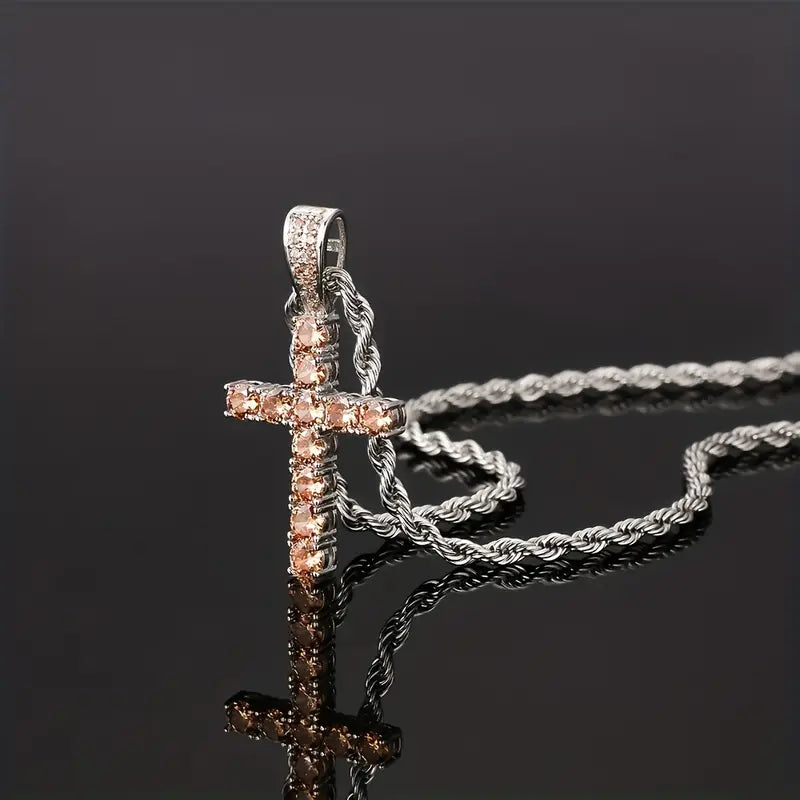 Funkelnde Kreuz-Anhänger Halskette mit Zirkonia und Kordelkette