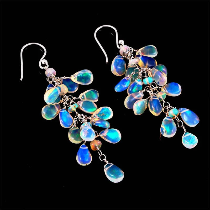 Blaue Mondstein Blätter Hängeohrringe im Vintage-Stil