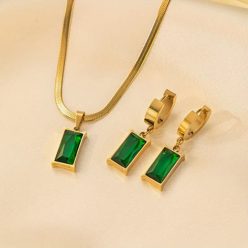 Elegantes Smaragdgrün-Schmuckset: Rechteckiger Anhänger und passende Ohrringe
