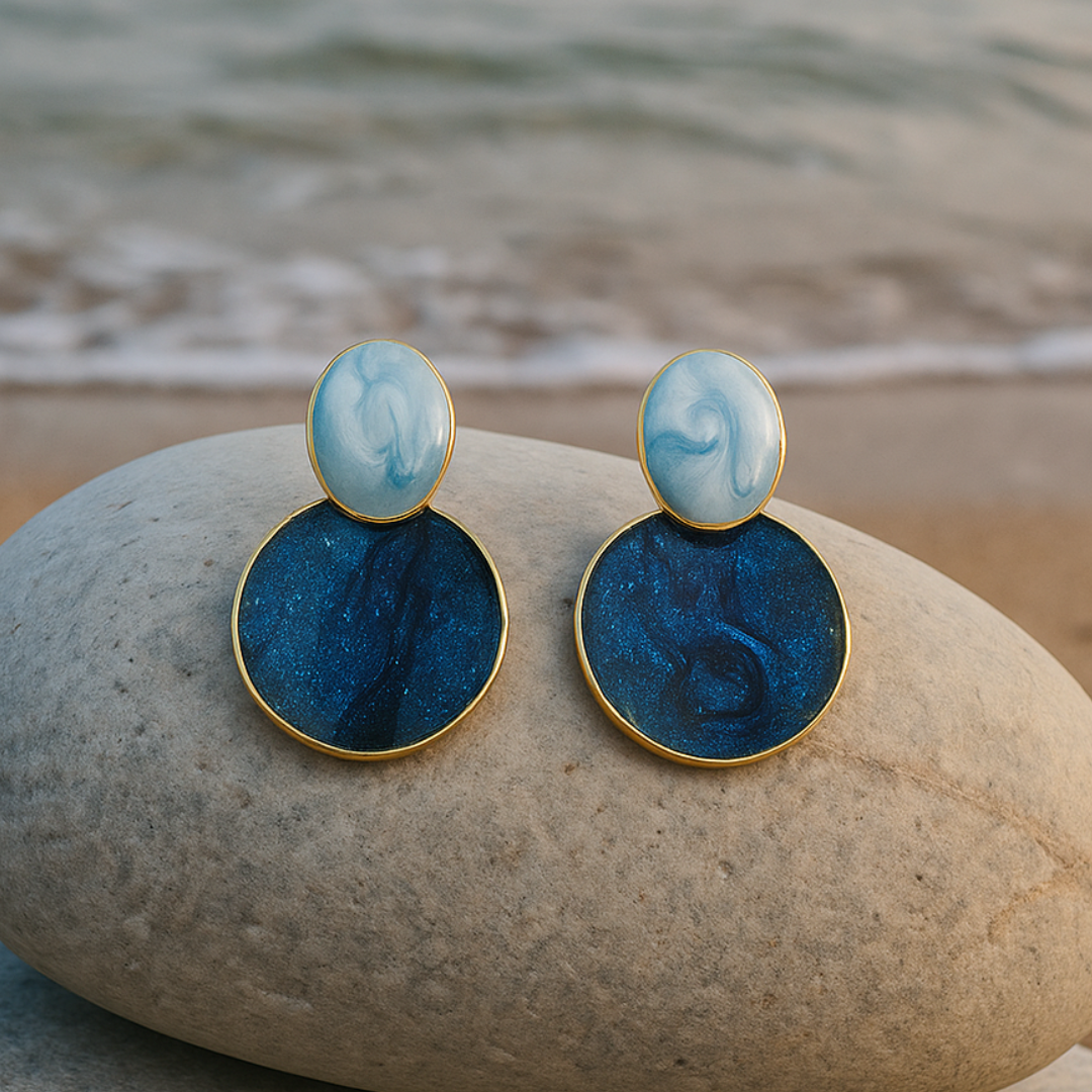 Maritime Blaue Emaille Statement-Ohrringe mit glänzendem Finish