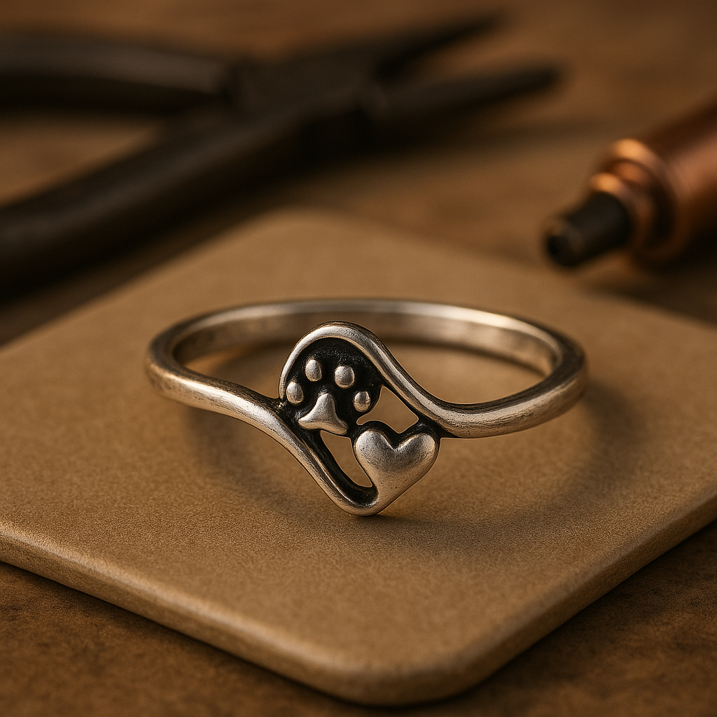 Vintage-Ring aus Proof-Silber mit Pfote und Herz