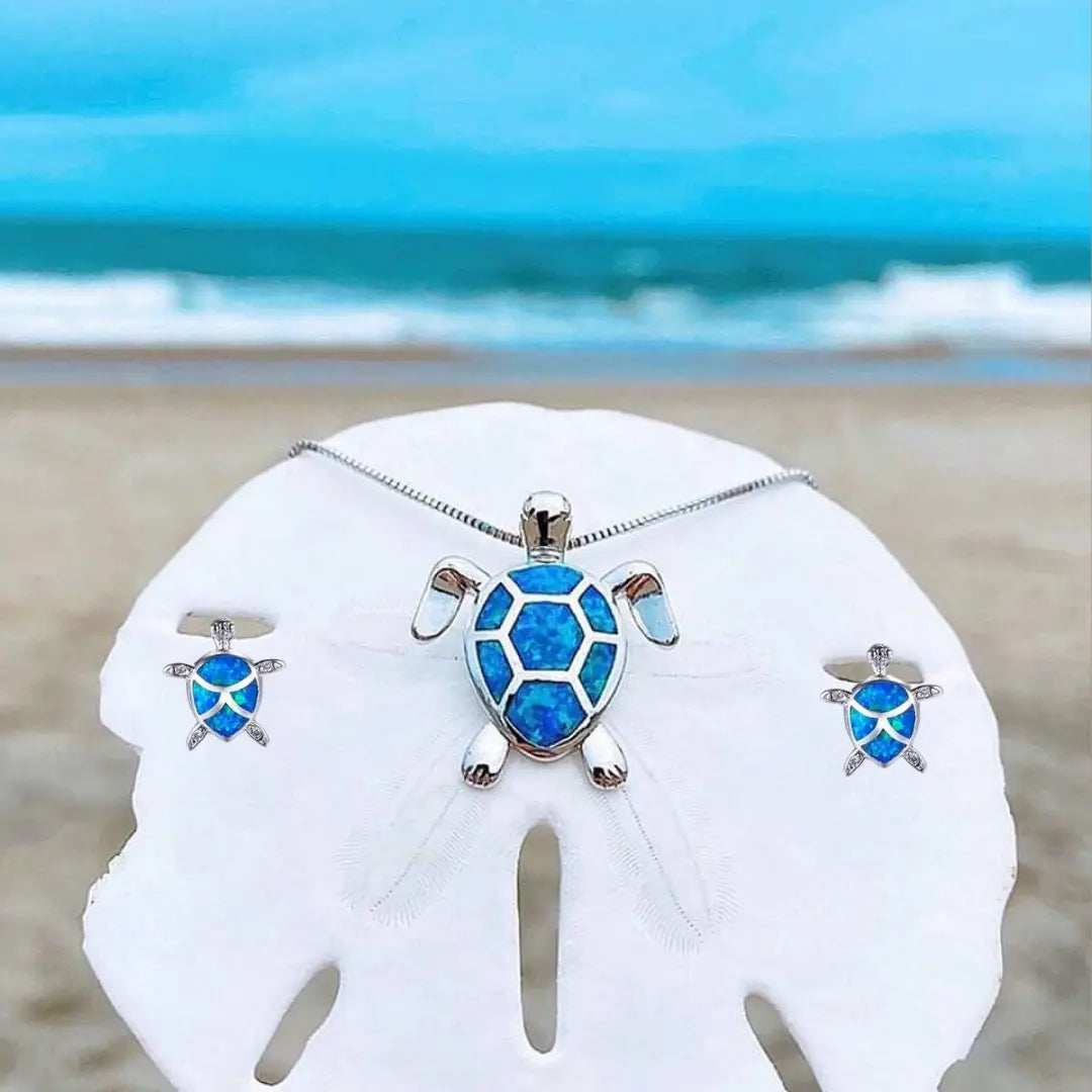 Opal Schildkröten Schmuckset mit Halskette und Ohrsteckern im Meeresstil