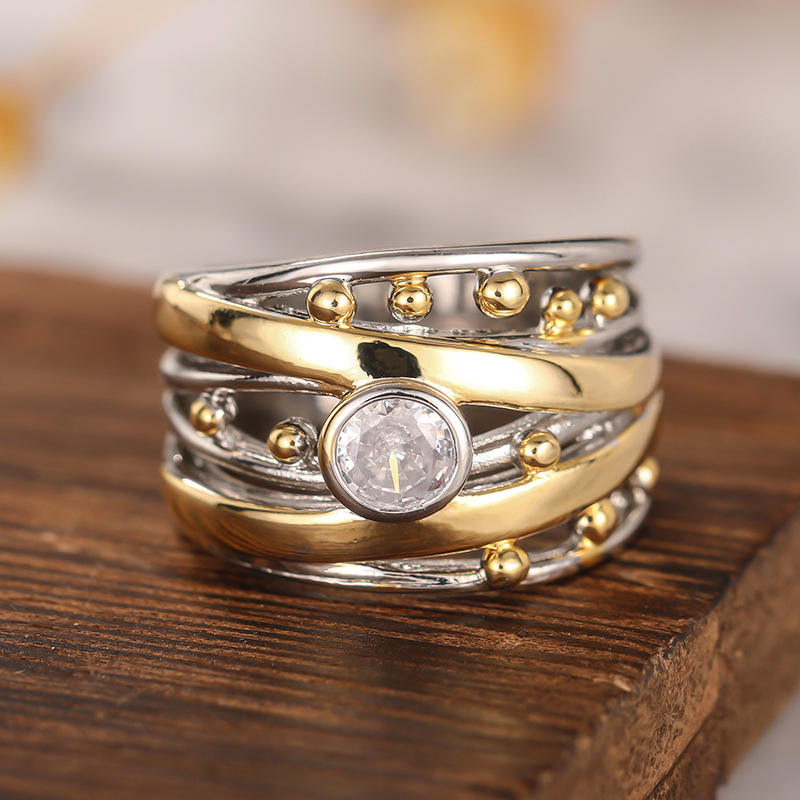 Vintage-Ring aus zweifarbigem Edelstahl mit Diamant in Rub-Over-Fassung