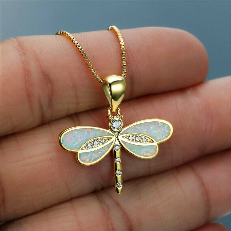Glänzende Libellenkette mit schimmerndem Opal und Zirkonia