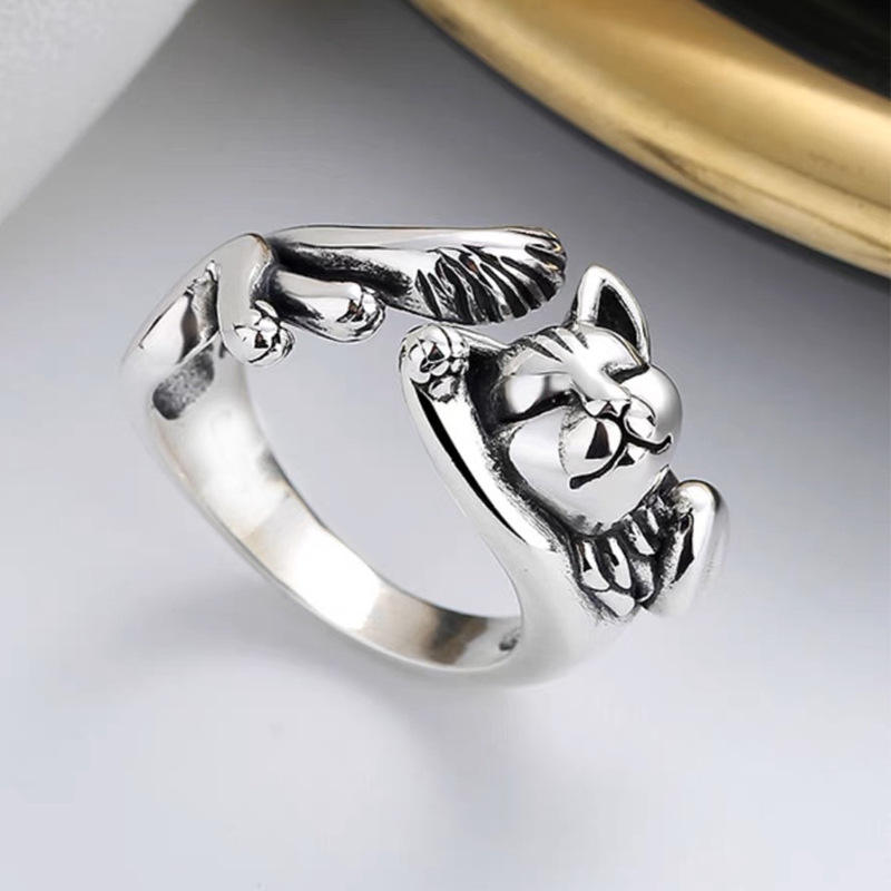 Verstellbarer Edelstahlring – Schlafende Katze