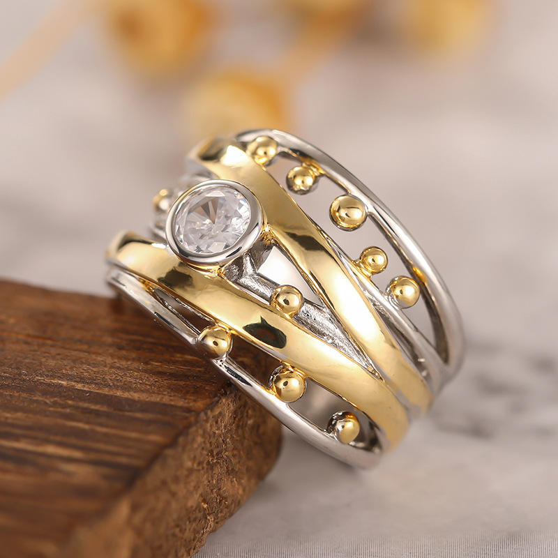 Vintage-Ring aus zweifarbigem Edelstahl mit Diamant in Rub-Over-Fassung
