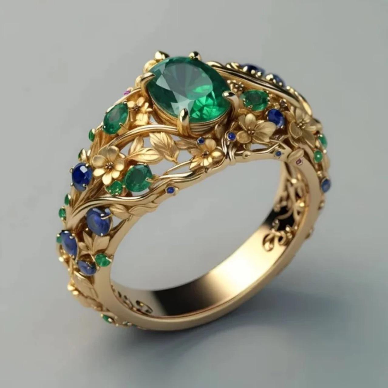Luxuriöser Blumenring mit grünen und blauen Kristallen