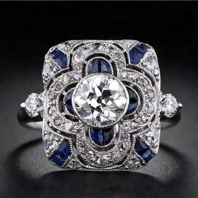 Art-Deco-Silberring mit blauem Zirkonia