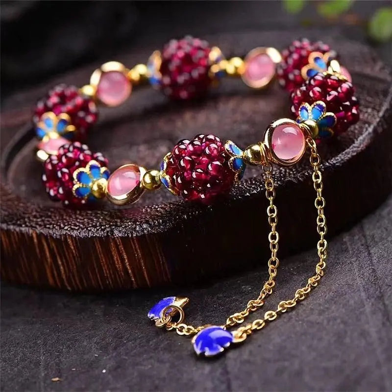 Exquisites Granatarmband mit rosa Quarz und blauer Emaille